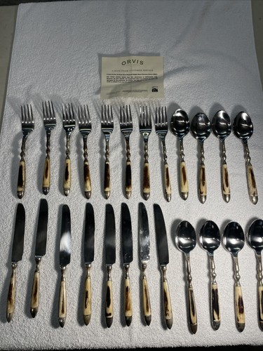 24 Piece Orvis Buffalo Bone Handle Utensil Flatware Set Rustic Cabin Lodgeware