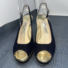 Authentic Jimmy Choo Nubuck Leather Open Toe Pumps Dark Blue Sz 36