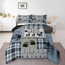 Rustic Bear Deer Comforter Set, Buffalo Plaid King Bedding, 2 Pillow Cases