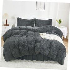 Plush Grey Duvet Cover Fluffy Soft Faux Fur Velvet Comforter Queen Dark Grey