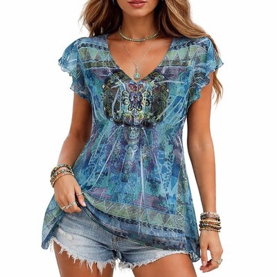 Live and Let Live Blue Green Boho Top Festival Y2K Fairy Ethereal Shirt Size M