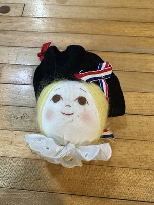 Vintage Nylon Stuffed Head Christmas Ornament Colonial Girl Patriotic Themed