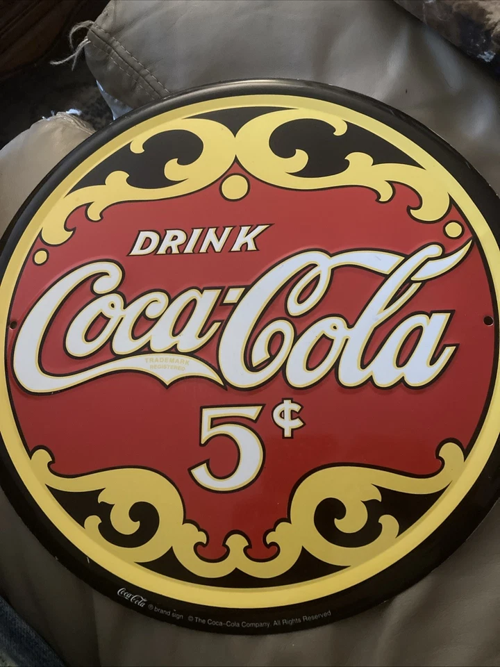 Metal Flat Coca- Cola Sign, 12” Round, Yellow, Black, Red & White - Image 4 of 4
