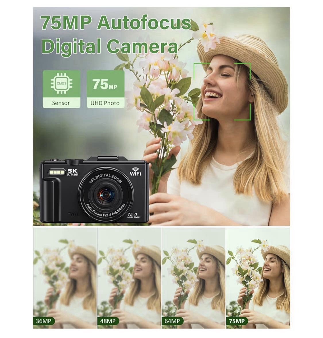5K Ultra HD 75MP Autofocus Compact Digital Camera Wi-Fi 18x Zoom
