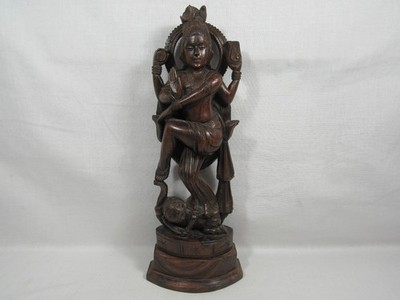 Vintage Lord Krishna Dancing On Kaliya Daman Hand Carved Wood Statue 13.75''