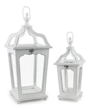 Distressed White Wood Hanging Lantern/Candle Holders, Set of 2, Valparaiso Villa