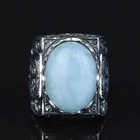 Blue Aquamarine Men Ring 925 Silver Ottoman Vintage Engraved Style  Mens Jewelry