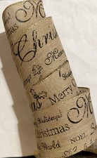 5 Yds. Christmas Script WIRED LINEN BURLAP RIBBON for Wreath TREE Topper cr