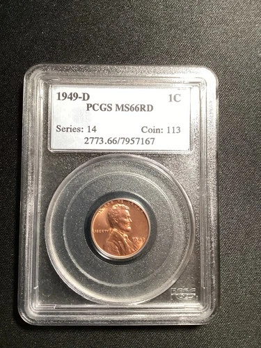 Beautiful High Grade 1949-D Lincoln Cent.  PCGS GRADED MS66 RED
