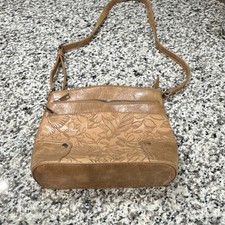Brown Floral Embossed Shoulder Bag Zip Top Ad...