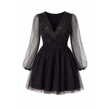 Miss Ord Black Glitter Tulle Dress Size L Sheer Long Sleeve Party Cocktail Dress