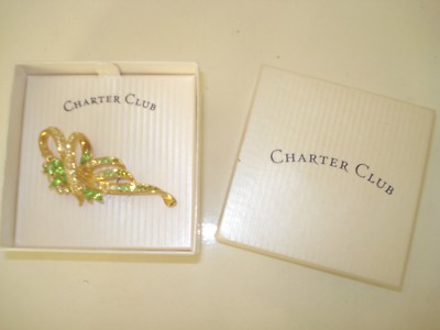Charter Club Green White Stones Gold Tone Diamante Rhinestone Brooch Gift Macy's