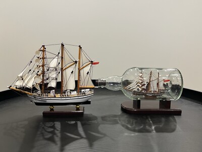 Set of 2 Balinese Nautical Miniatures: KRI Dewaruci Ship & Ship in a Bottle