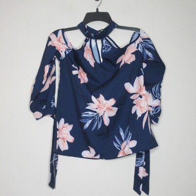 Yoins Women's Off Shoulder Long Sleeve High Neck Tie Cuff Blue Floral Top XS B46
