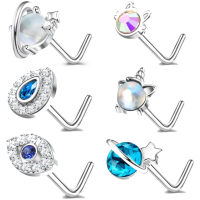 5/6PCS 20G Stainless Steel Nose Piercing Heart CZ Crystal L-Shaped Nose Studs