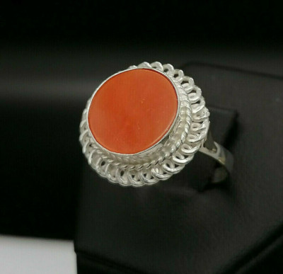 Damen Ring Rote Koralle aus Sardinien 925 Silber Weiß Verstellbarer Schaft