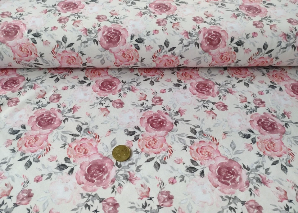 Rieke ecru Baumwoll-Jersey Blumenstoff Vintage Blumen Meterware Jersey 50 cm - Bild 1 von 2