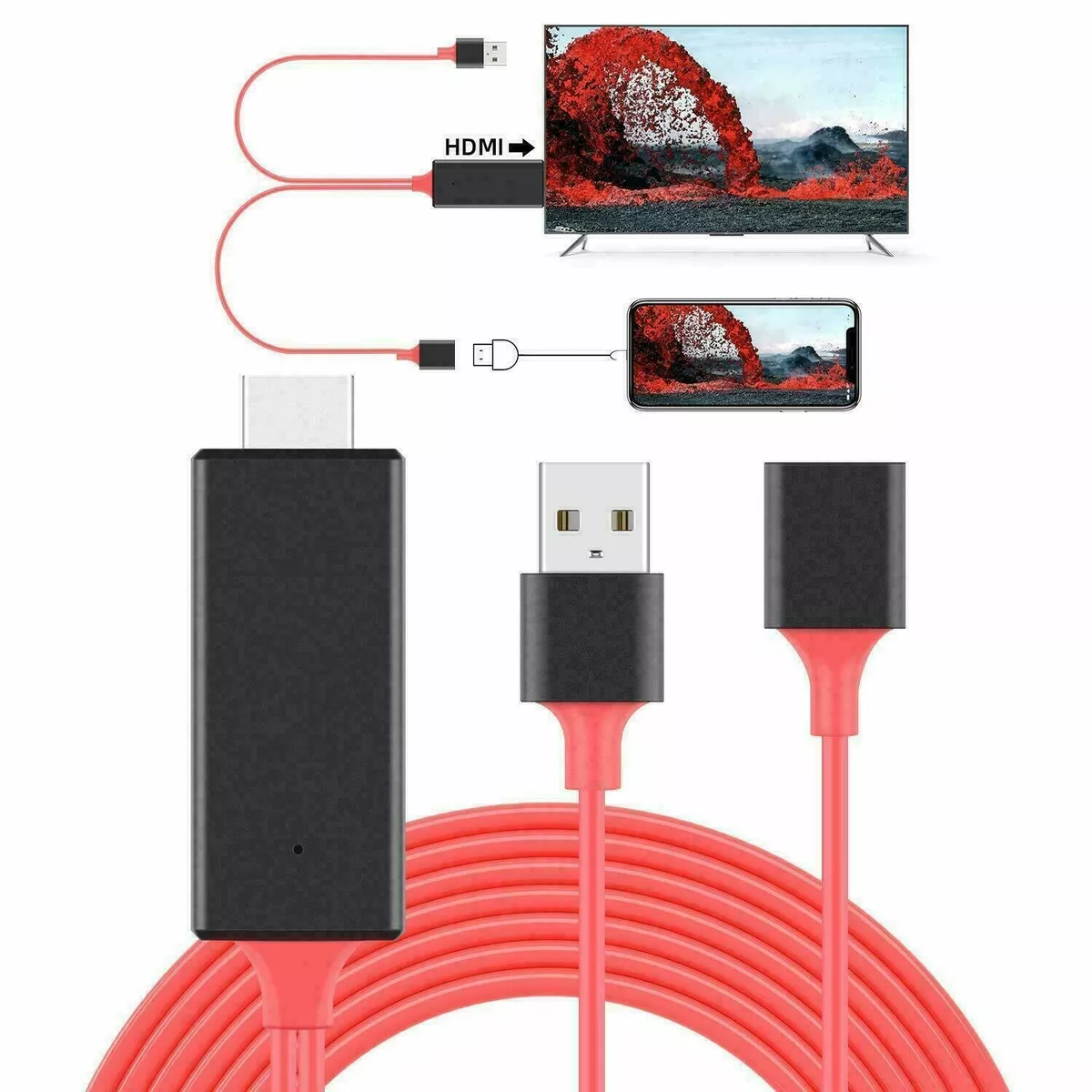 HML Cable USB a HDMI con Adaptador para Iphone Video a HDMI 1080P 1 Metros  Rojo