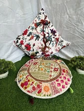 Indian White Round Pillow Cushion Cover Floor Patchwork Throw Boho Décor Cover