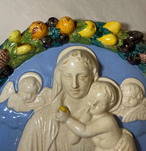 Antique Italian majolica Della Robbia glaze pottery religious Mary wall plaque - Picture 7 of 10