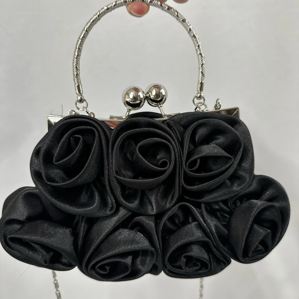 Mujer Negro Noche Bolso sin asas Floral Bolso de mano Fiesta Cartera Desmontable Cadena Correa Foto 3 de 4