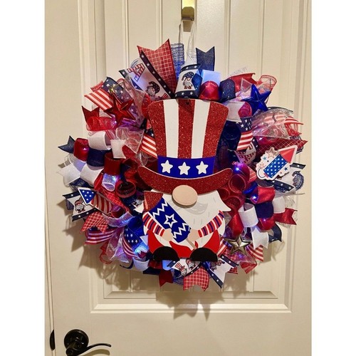 Handmade 4th of July Patriotic Firecracker Gnome Prelit Ribbon Wreath 22 in LED - Picture 8 of 10