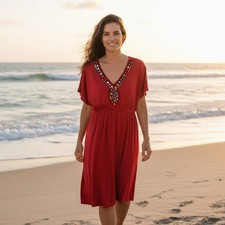 Maurice's Women's S Red V-neck Front V-back Jersey Beach Beaded Swim Cover Dress