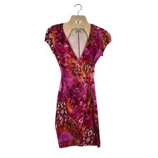 Caché Pink Snake Print Bodycon Dress Deep V Ruched Cocktail Women's Small
