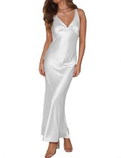 Womens Elegant Satin V Neck Backless Sleeveless Maxi Dress Silk Tie Low Back ...