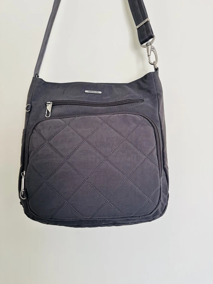 Travelon Grey Crossbody Bag Nylon Quilted Adjustable Strap Antitheft Purse - Image 3 of 4