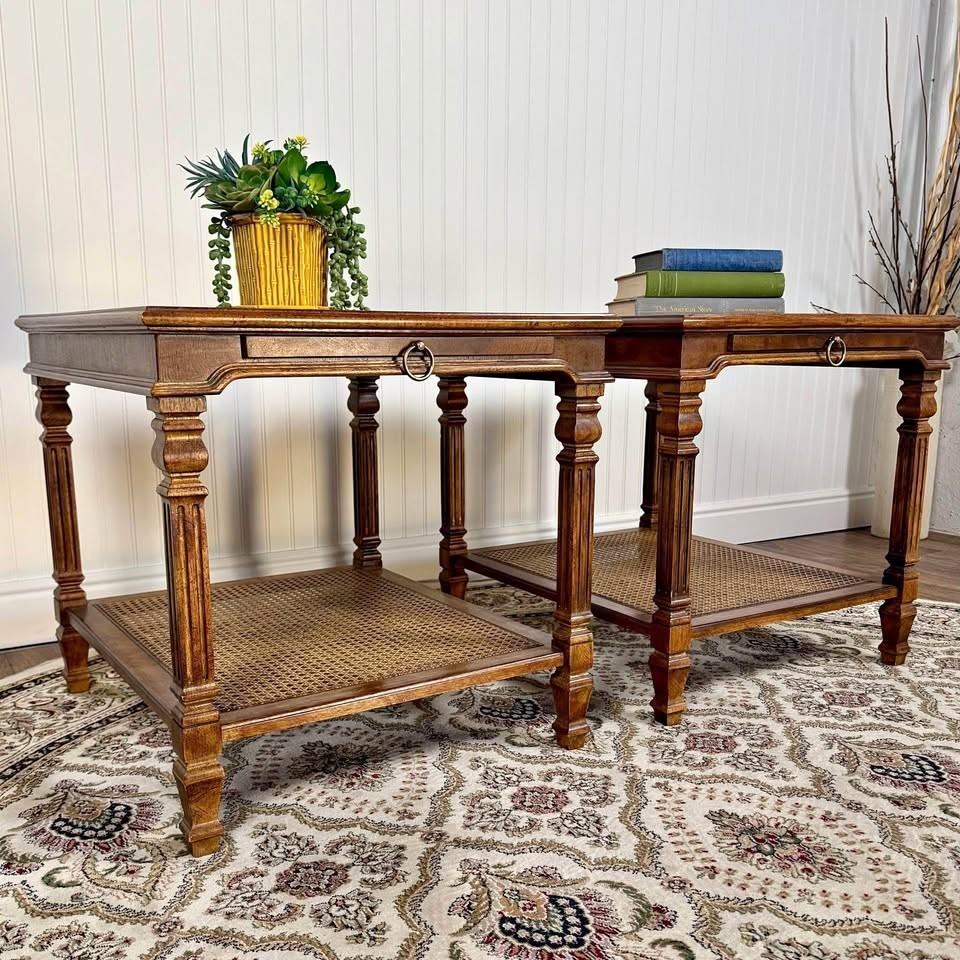 Pair Mid-Century Vintage Drexel Walnut and Cane End Tables | eBay