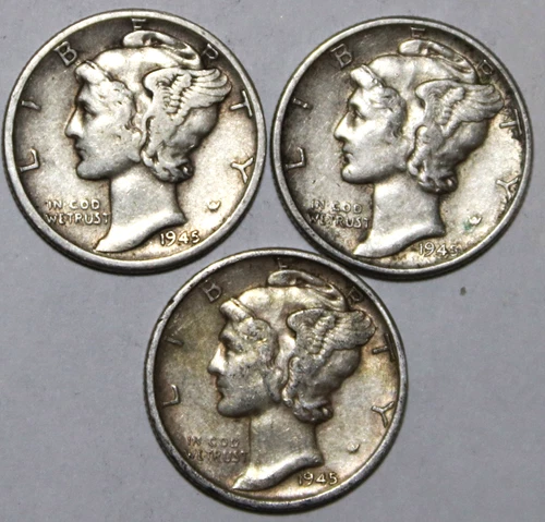 (3) Mercury Dimes - VF/XF - 1945D 1945P 1945S - #0480D