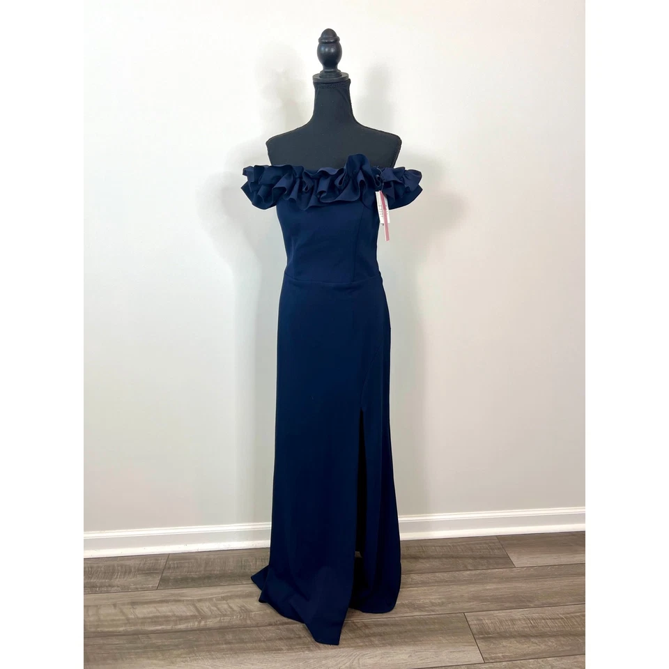 Vestido de Noche Aqua Scuba con Volantes en Azul Marino Talla 10 Hombro Descubierto Abertura Lateral Foto 2 de 4