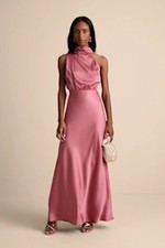 Lulus Women Distinctive Charm Satin Asymmetrical Maxi Dress Pink M