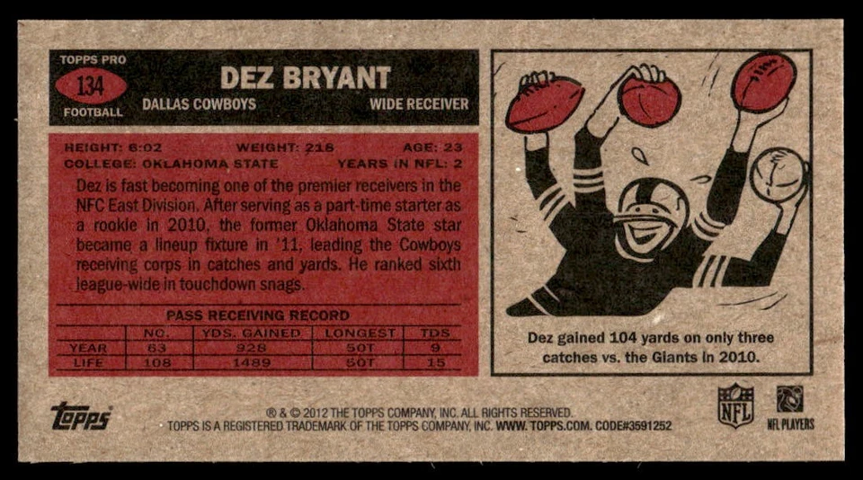 2012 Topps #134 Dez Bryant Dallas Cowboys 1965 Mini - Image 2 of 2
