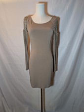 Forever 21 Women's Medium Beige Cold Shoulder Dress with Studded Fringe Sleeves