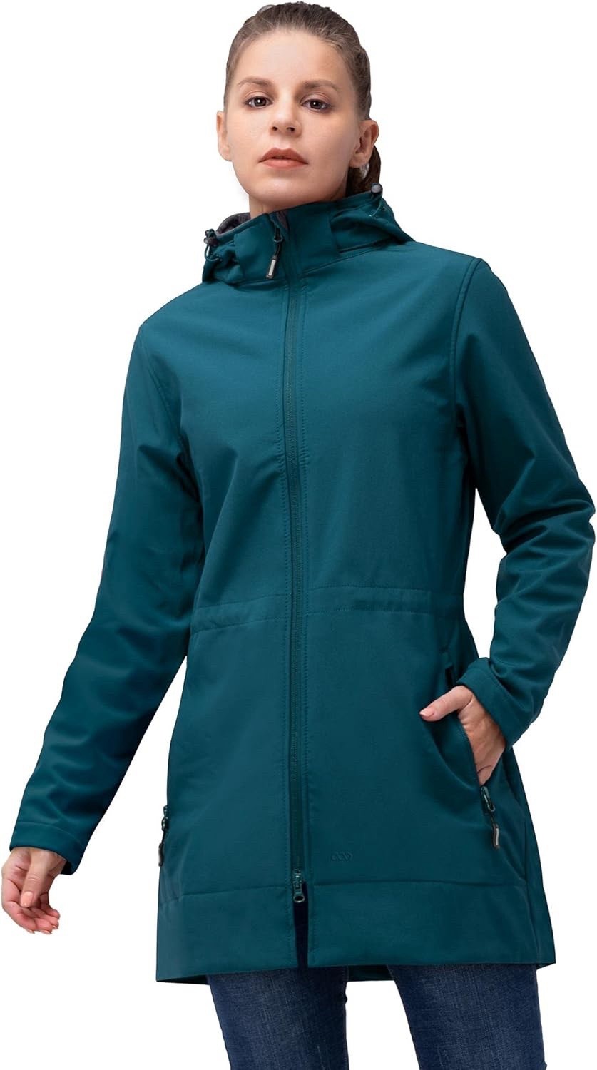 Women's Waterproof Softshell Long Rain Jacket with Hood Fleece Lined Windproof