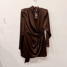 Ronny Kobo Bianca Satin Ruched Mini Dress Chocolate Brown Women's Size Large