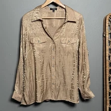 Elementz womens button up blouse Sz 2XL Gold textured Satin gem buttons Y2k glam