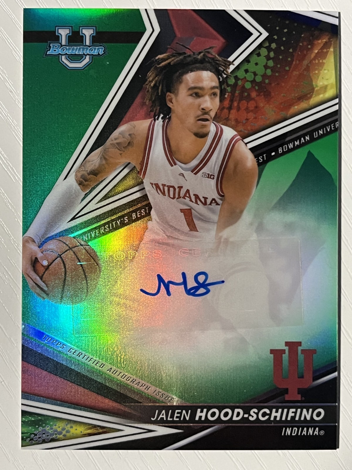 Jalen Hood-Schifino 2022-23 Bowman University Best Auto Green Refractor 49/99