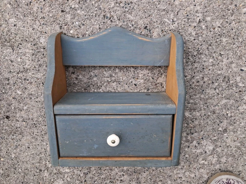 Mesa de madera o estante de pared con cajón azul rural vintage granja Foto 3 de 4