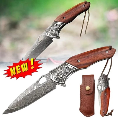 MARKENLOS Damaststahl-Klappmesser mit Lederetui Für Angeln, Camping und Jagen