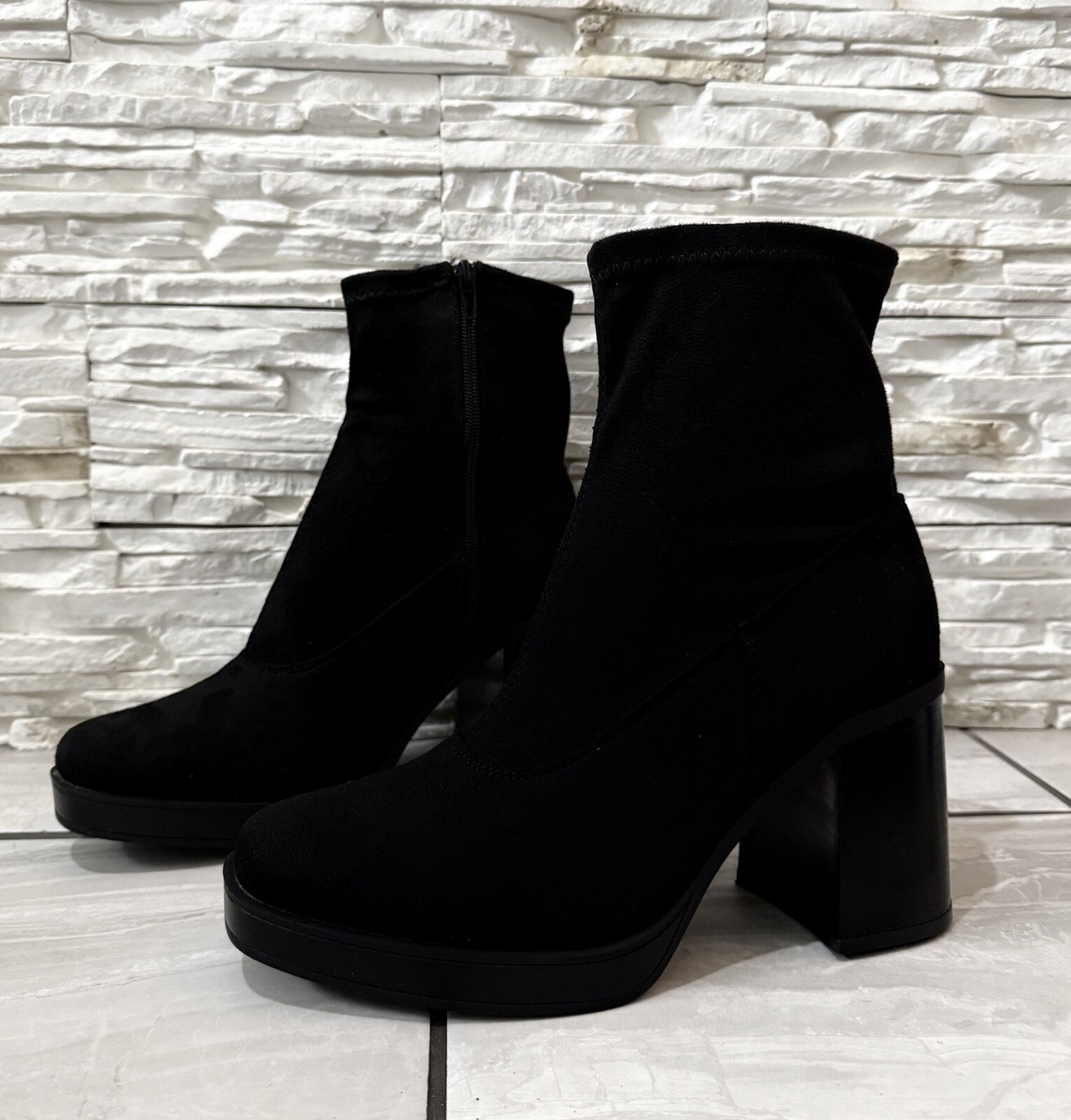 Women’s Black Stretch Sock Boots Block Heel Ankle Booties Low Platform Zip  Up