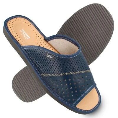 Hausschuhe Leder Herren blau offen geflochten bis Gr. 50 Premium filsko Veere - Bild 1 von 4