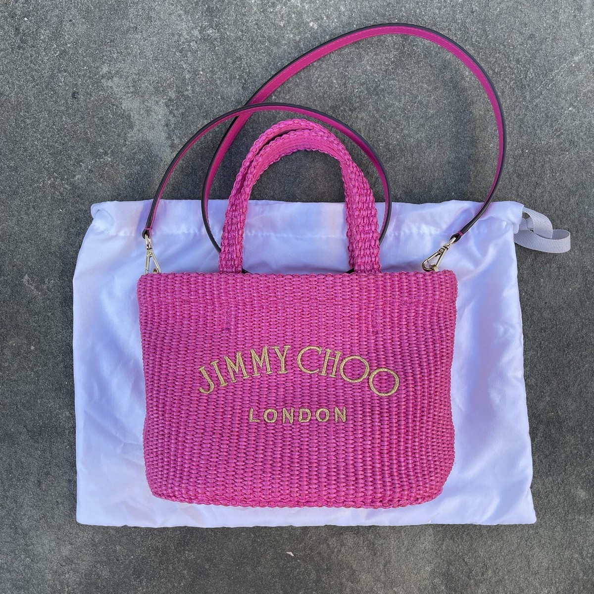 JIMMY CHOO ジミー チュウ MARI RAFFIA TOTE/S Beach Tote E/W | Rose/Latte Raffia Embroidered Tote Bag