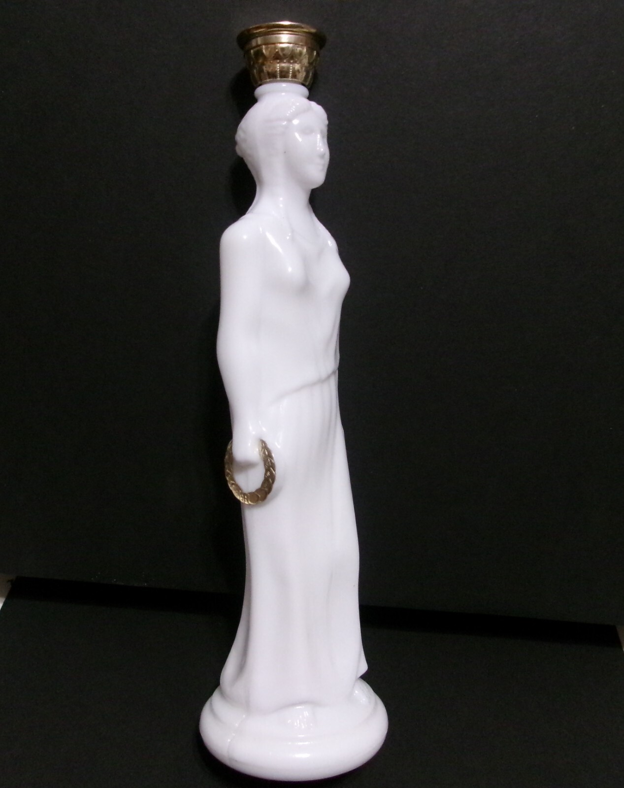 Vtg AVON Milk Glass Greek Woman SKIN-SO-SOFT BOTTLE Carrying Gold Laurel Wreath