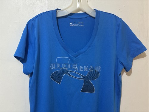 Under Armour T Shirt Womens Medium Blue V-Neck Heat Gear Loose Fit - Picture 4 of 8