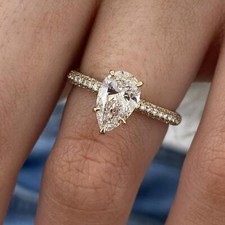 1.5ct Pear Lab-Created Diamond Ring 14K Yellow Gold Solitaire w/ Pave Band E/VS1