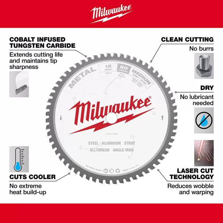 Milwaukee 12 x 60T Metal Cutting Circular Saw Blade with 1 Arbor Size