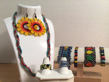 Hand Made Mexican Huichol Multicolor Beaded Flower Jewelry Lot Tribal Bohemian